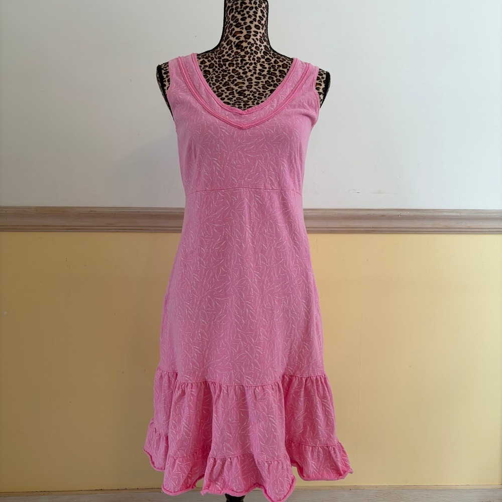 Fresh Produce Pink Leaf Print V-Neck Ruffle Hem Cotton Dress Womens Small 21394